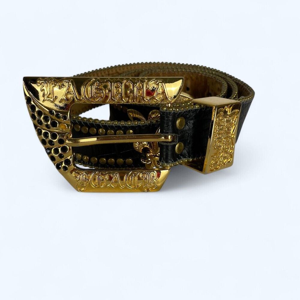 Laguna Beach Black Leather Belt Rhinestones with Gold Hardware size 38